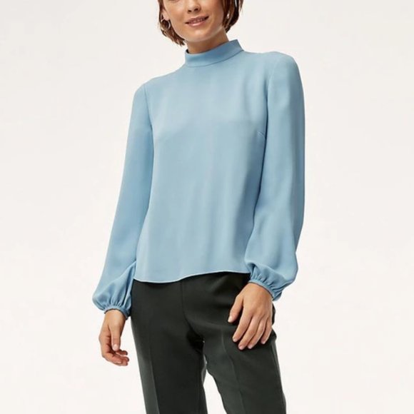 Aritzia Babaton Granados Blouse Nude Pink Mock Neck Long Sleeve Top Medium - Picture 4 of 4